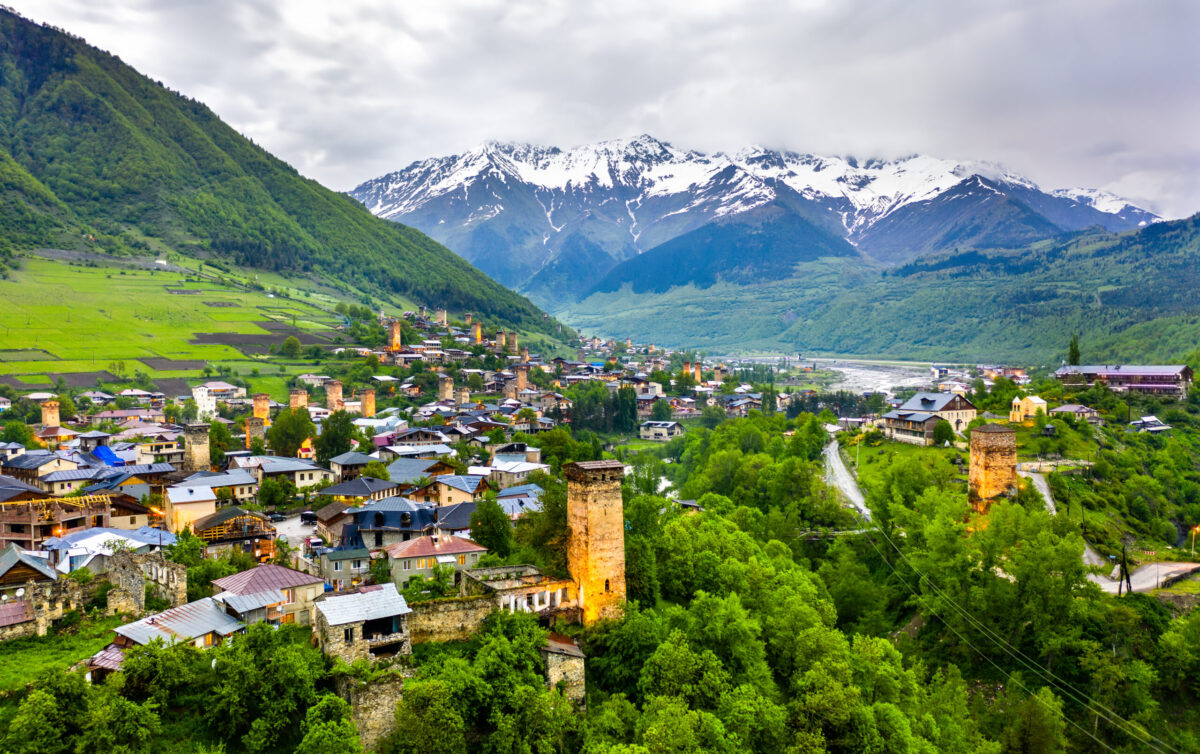 Aerial,View,Of,Mestia,Village,With,Typical,Tower,Houses.,Upper
